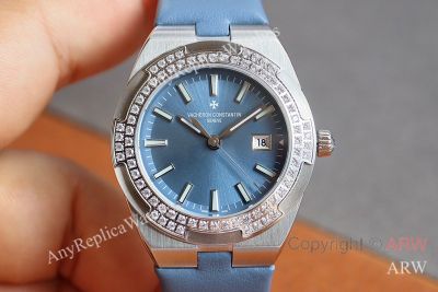 High Quality Replic VACHERON CONSTANTIN New Overseas Collection Watch Blue Leather Strap Blue Face Dial 78 Round-Cut Swarovski Crystals Inlaid Stainless Steel Case Watch 33mm